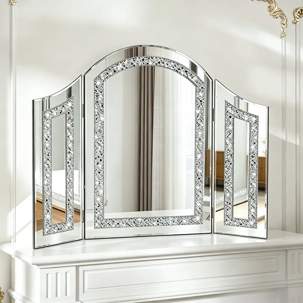 32 x 24 inch tri-fold mirror, rhinestone-embellished vanity mirror, 180° adjustable wall decor mirror, large arched mirror, supports hanging or wall mounting, suitable for bedrooms, vanities, entry tables, and mantel decoration