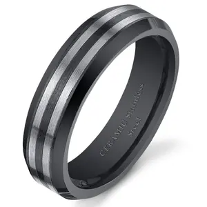Two-Tone Polished 6mm Beveled Edge Black Striped Stainless Steel and Ceramic Ring Band Daily Engagement Birthday Anniversary Male Female