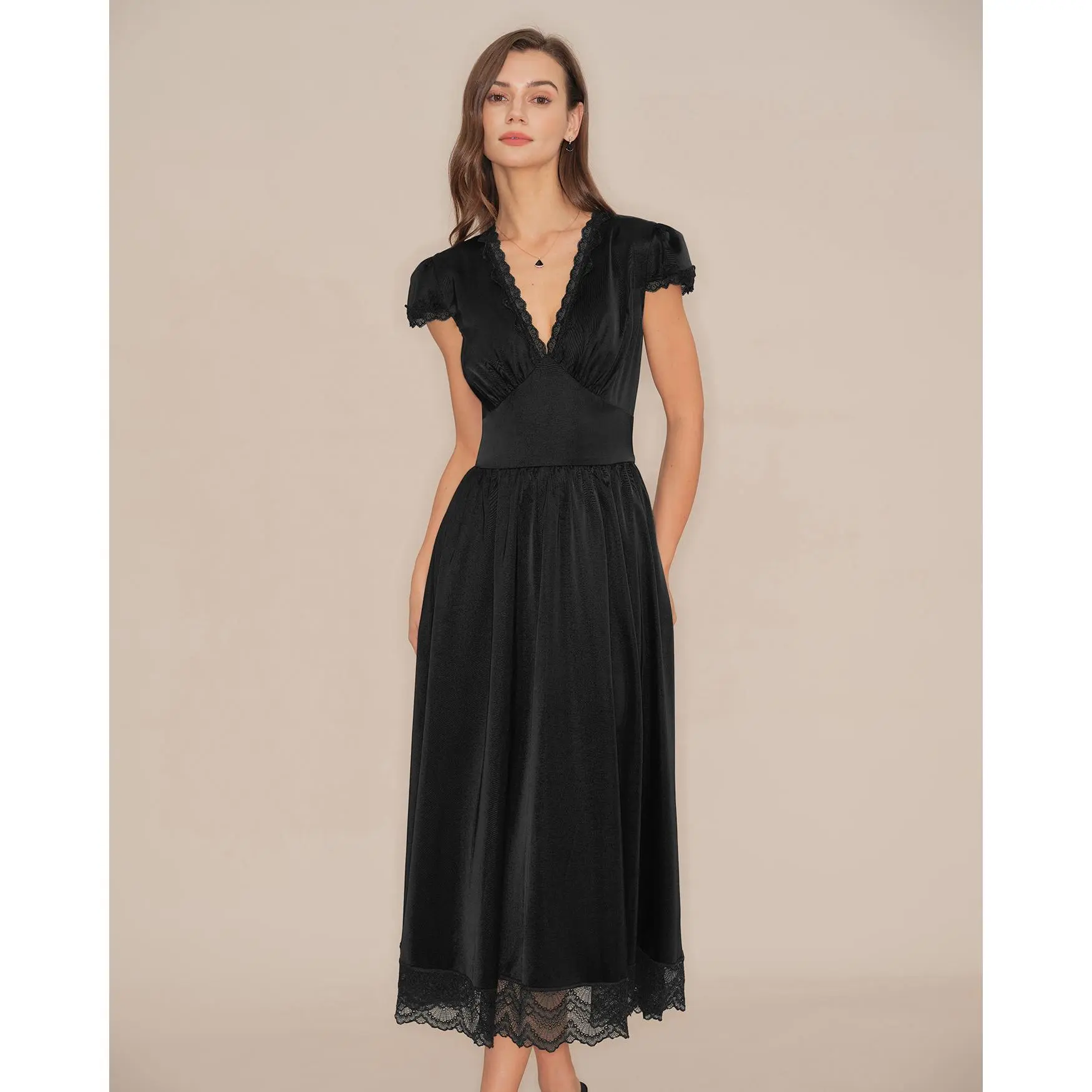 Rihoas Women's Polyester Waisted Solid Black V-Neck Tunic Maxi Dress - Puffed Short Sleeves, Lace Accents, Elegant Silhouette Casual Dress for Petite Women, Silhouette Casual Dresses