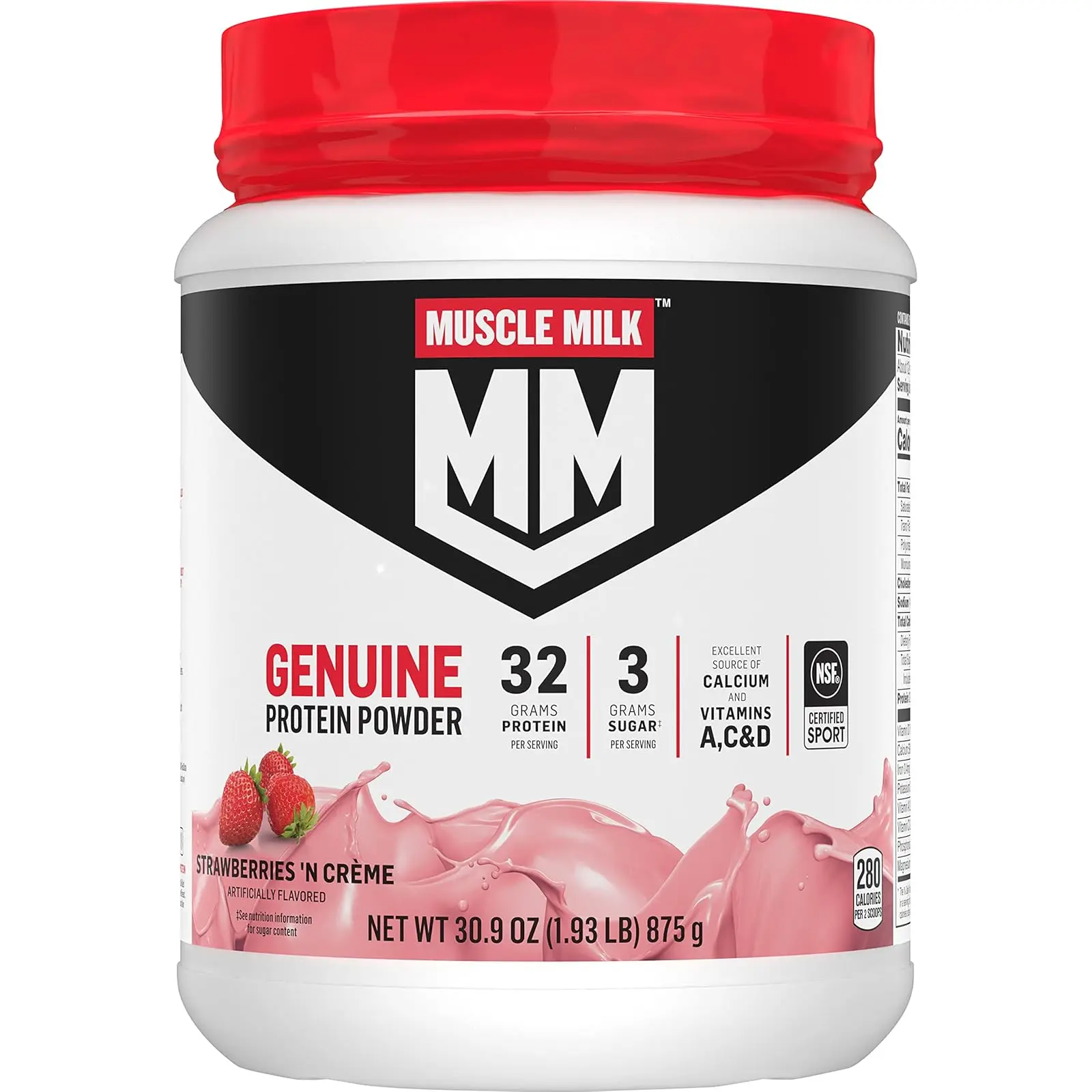 Genuine Protein Powder, Strawberries N Crème, 1.93 Pounds, 13 Servings, 32g Protein, 3g Sugar, Calcium, Vitamins A, C & D, NSF Certified for Sport, Energizing Snack, Packaging May Vary