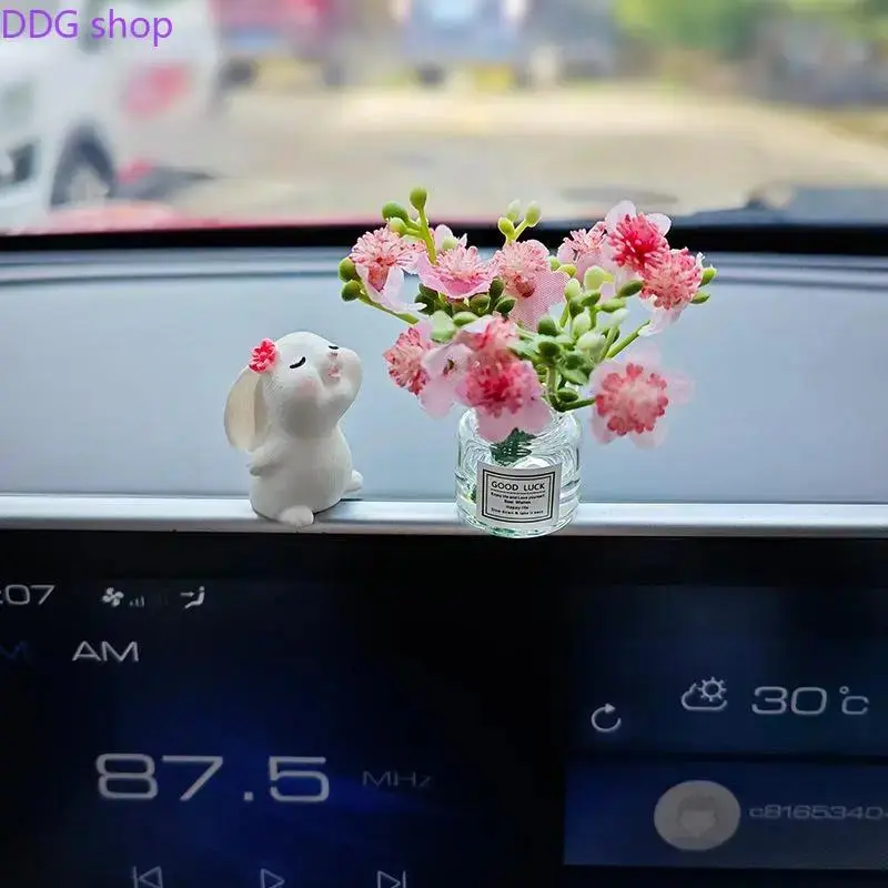 2pc Matching Set Cute Bunny Charm & Flower Vase Car Dashboard Decorations, Mini Home Accent, Versatile Sports & Outdoor Accessory, Sweet Gift Idea for Animal Lovers, Car Trinkets, Cars Accessories