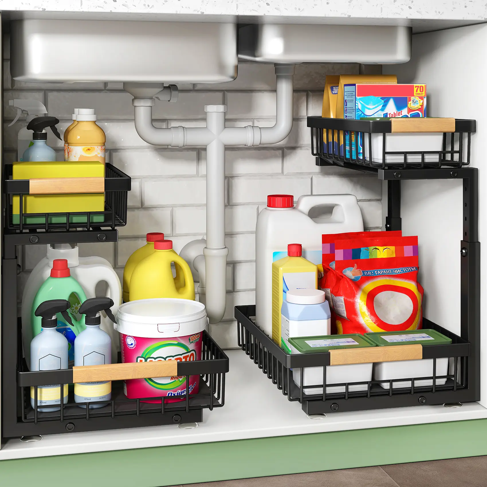 Kitstorack Under Sink Organizer, 2 Tier Under the Sink Storage, Slide out Pull out Cabinet Organizer Shelf, Metal Sliding Drawer for Kitchen Bathroom Pantry Closet Organization
