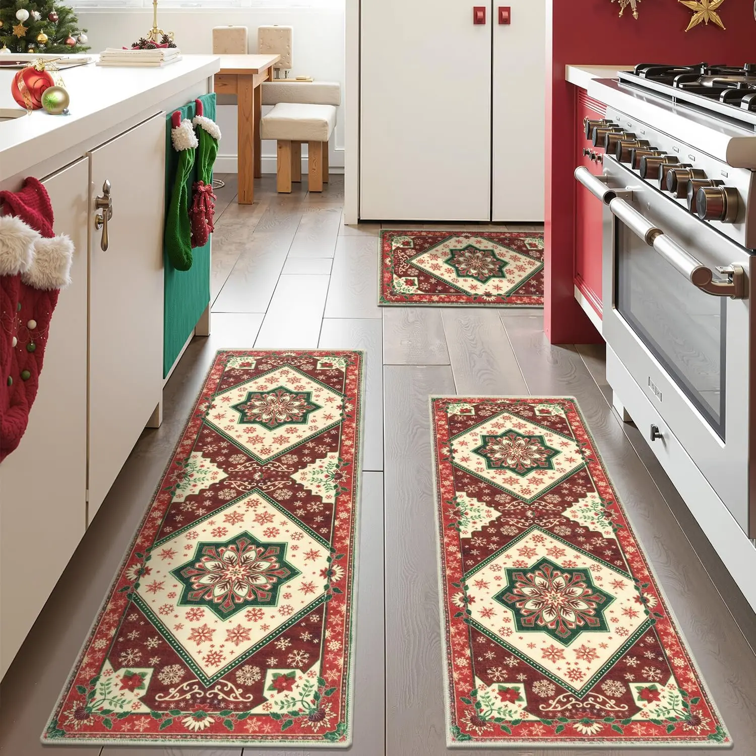 Christmas Kitchen Rugs Sets of 3, Non Slip Kitchen Mats for Floor with Rubber Backing, Holiday Christmas Snowflake Runner Rug Decor  Decorations for Kitchen, Laundry Room, Hallway