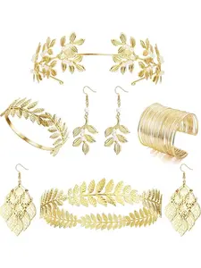 6-Piece Greek Goddess Accessory Set Golden Bay Leaf Crown Headband Upper Arm Cuff Coil Bracelet Pearl Leaf Earring Bridal Wedding Headpiece Costume Jewellery, gold gemstone, Pearl