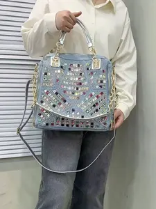 New Women Fashion Denim Tote Bag with Sparkling Rhinestone Embellishment Stylish Crossbody Shoulder Bag Large Capacity Woven Canvas Handbag for Casual Daily Use