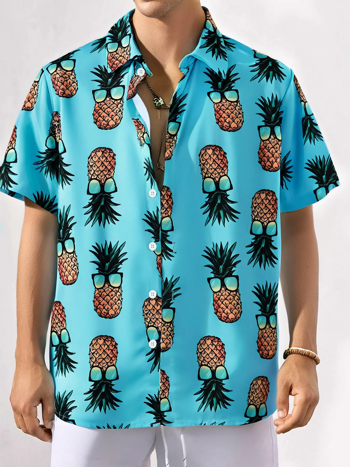 Men's Pineapple Print Short Sleeve Shirt, Hawaiian Style, Tropical, Breathable Loose Fit, Summer Beach Party Top, Casual Shirt for Men, Casual Summer Tops