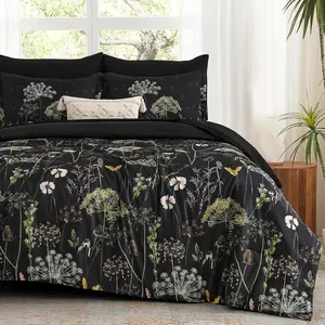 King Size Comforter Set, 7 Piece Comforter Floral Black Green Bedding Set, Soft Bed in a Bag King, Comforter, Sheets, Pillowcases & Shams
