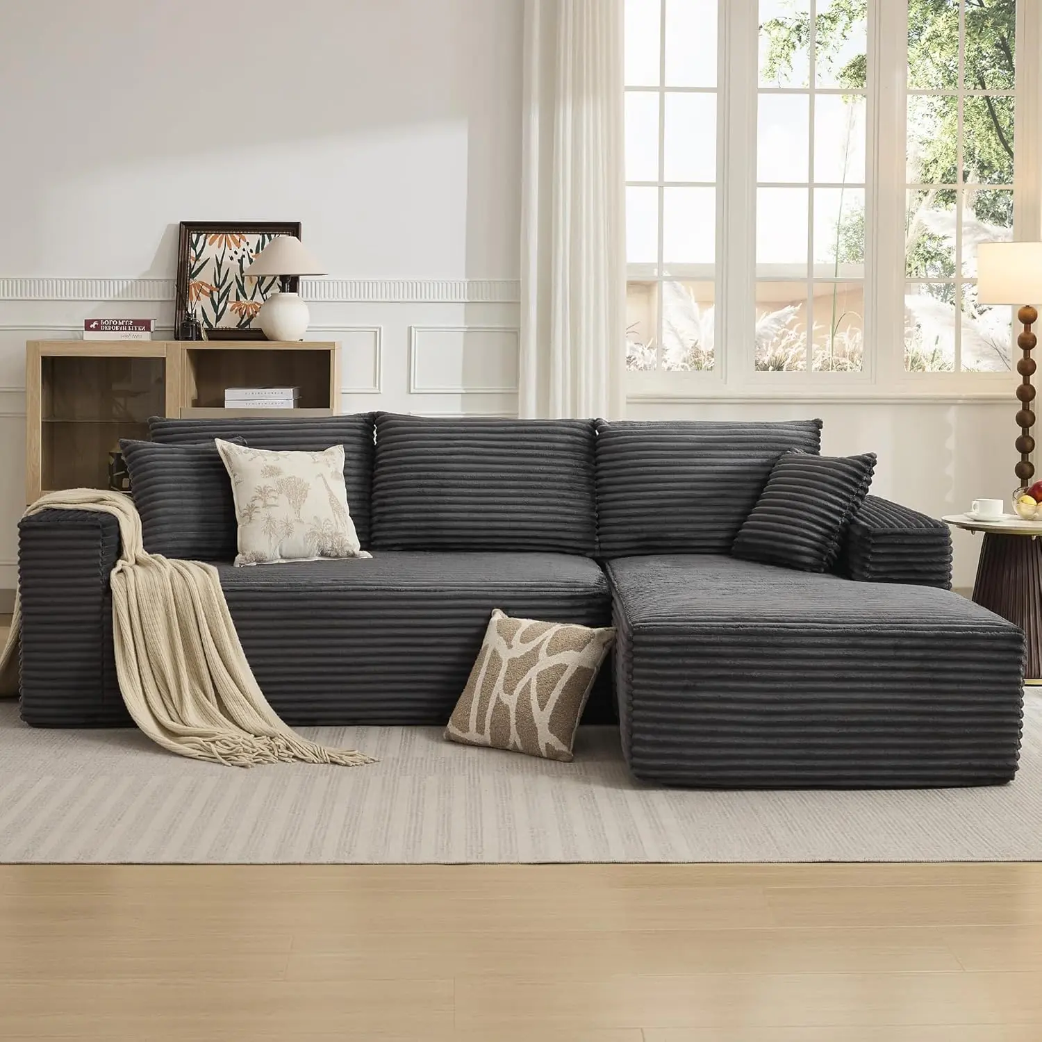 Garvee 108'' L-Shaped Cloud Sectional Sofa – Modern Modular Corduroy Couch, Deep Soft Boneless Seat, Right Chaise, No Assembly, Living Room Furniture, Dark Gray, Corduroy | Lie on your right side