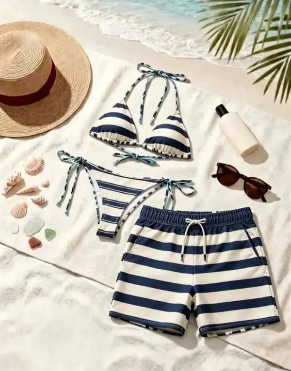 American Style Abstract Print Couple Swimsuit, Women'S Tie Side Bikini Men'S Board Shorts with Pocket Elastic String Seaside Bathing Suit