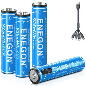 ENEGON 4-Pack AAA Type-C Rechargeable Li-ion Batteries, 1.5V Lithium with Fast 2-Hour Charging, for Toys, Remote Controls, Mouse, Voice Recorder, Electric Toothbrush, Calculator, Toy Cars, Game Controllers, Alarm Clocks, Sustainable & Cost-Effective