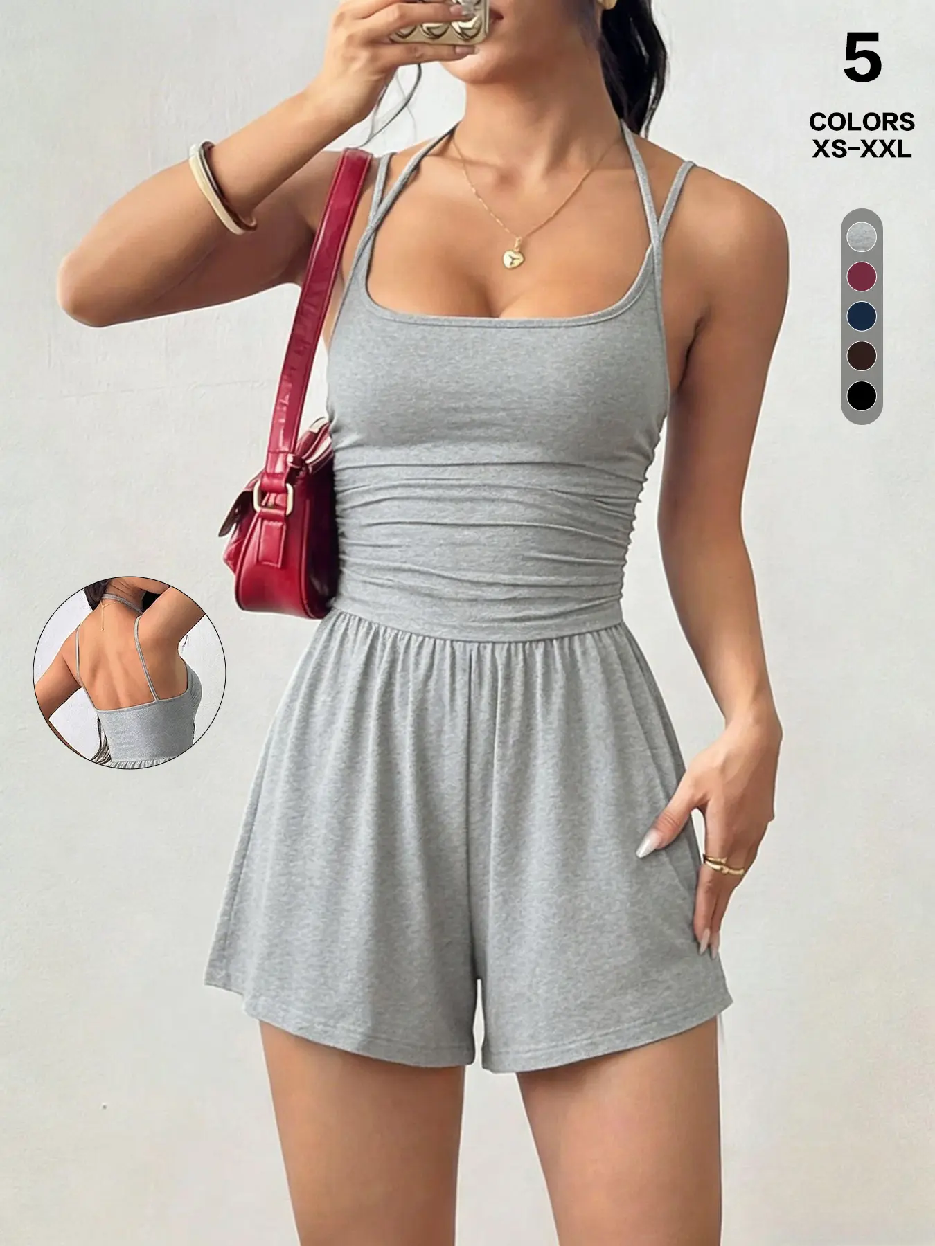 Women's Jersey Cami Halter Beach Playsuit - Adjustable Cross-Strap, Backless, Ruched Waist, Wide-Leg Jumpsuit, Square Neck, Shapewear (XS-XXL) | Festival Loungewear Onesie