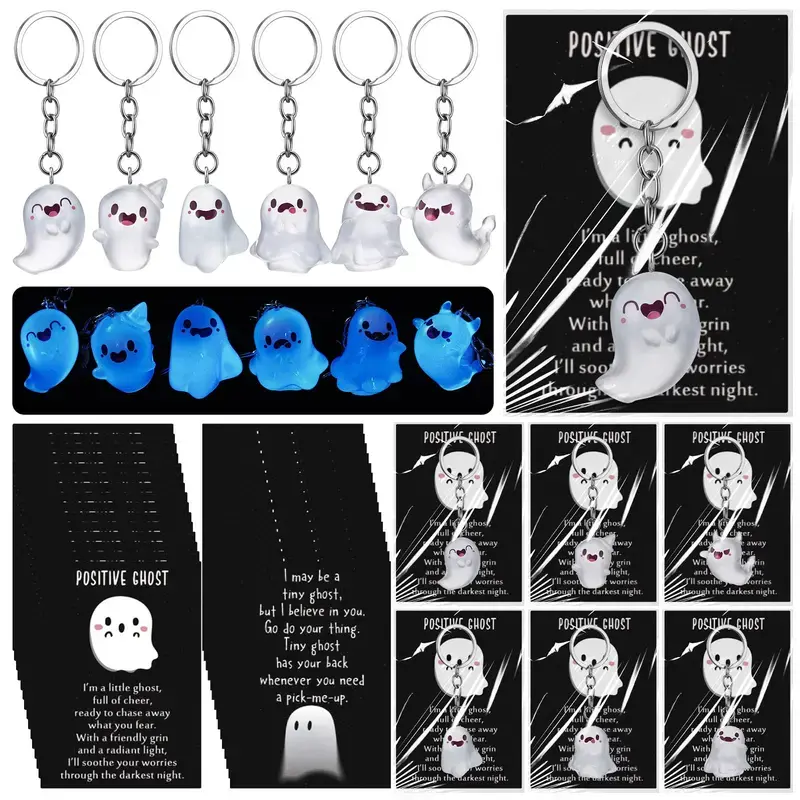Glow-in-the-Dark Resin Ghost Keychain with Positive Card, Halloween Luminous Bag Charm for Backpacks, Cute Festive Gift for Kids