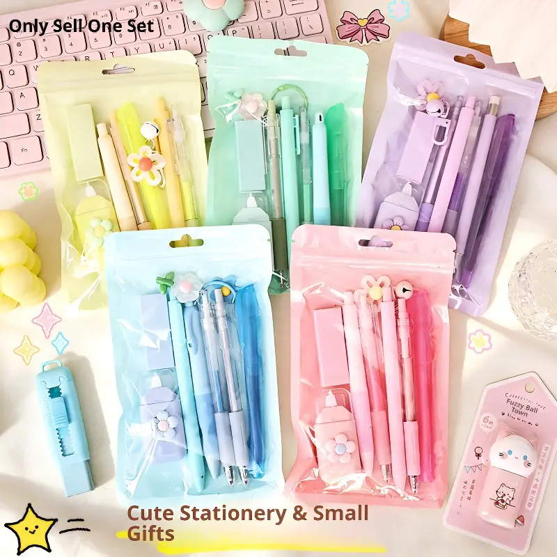 1 set of 8-piece stationery set for girls, School bundle, School study supplies, Student Essentials for classroom learning and office supplies, Available in 5 colors, suitable for classroom rewards and holiday gifts