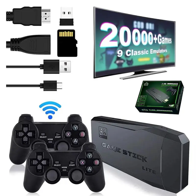 M8 RETRO GAME Stick - Plug and Play 20,000+ game controllers + 2 wireless controllers, 10,000 games, 9 emulators ，64GB SD card adapter, wireless controller, supporting TVs, monitors, projectors, etc- gamestick console
