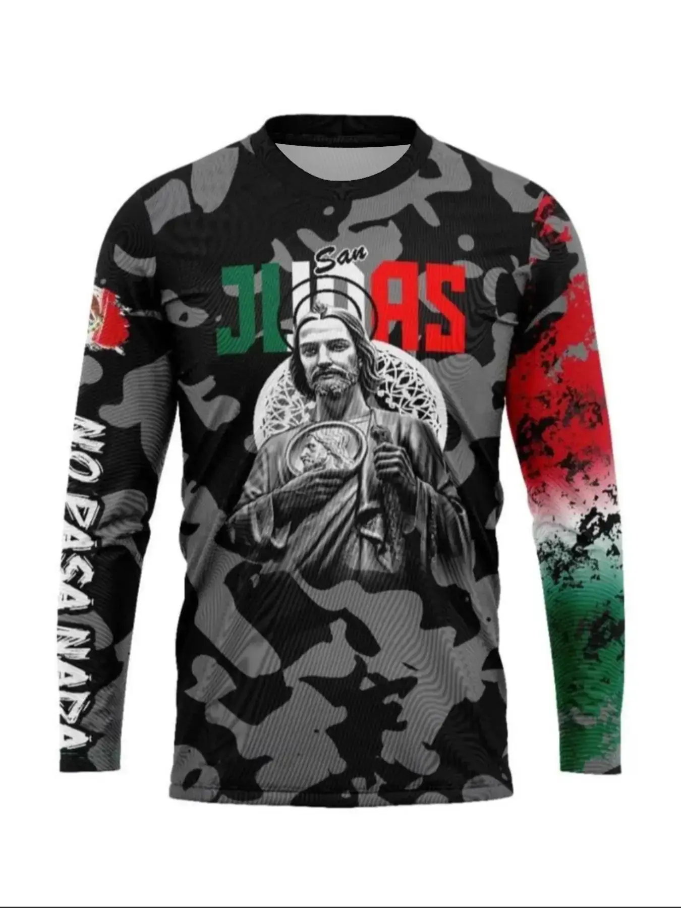 St. Jude Off-Road Racing Shirt, Mexican Flag Camo Long Sleeve Race Suit, St. Jude Print, Street Rider Faith Style, All Seasons, Fitted Sportswear, Biker T Shirt, Sportswear Top