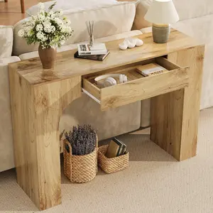 47-Inch Long Console Table with Drawer, Wooden Rectangular Sofa Table Behind The Couch, U-Shaped