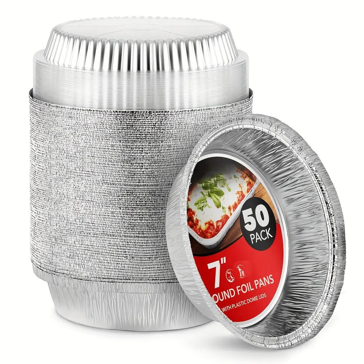 [Aluminum Pans With Lids] 50 Pack 7 Inch Round Aluminum Pans With Clear Lids Disposable Foil Pan With Clear Dome Top, To Go Pie Tins, Containers For Baking Or Take Out Food