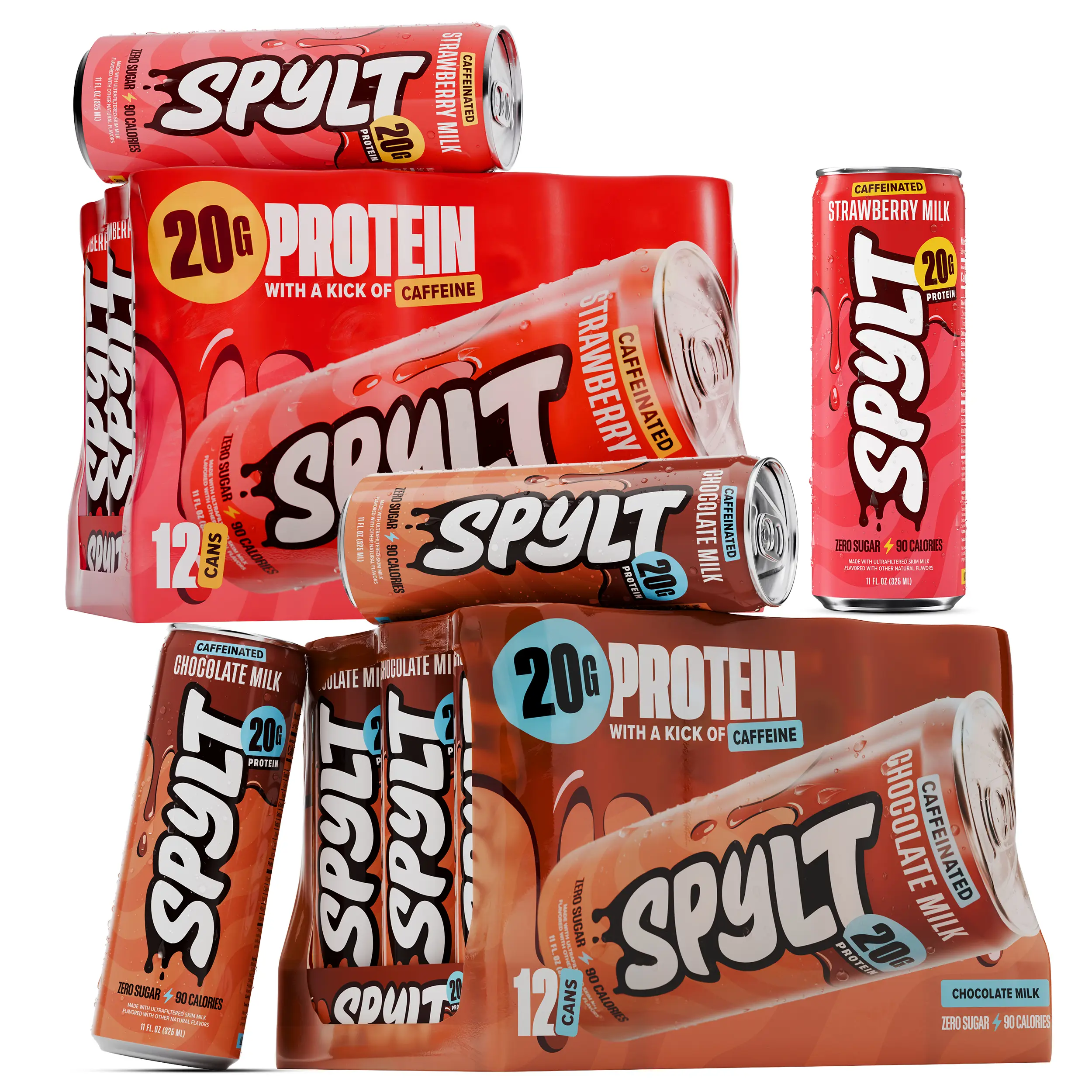 Spylt High Protein Chocolate + Strawberry Milk Bundle | 60mg Caffeine, 20g Protein, 90 Calories | Ready to Drink, Sugar Free, Lactose Free Milk | Perfect for Workout Recovery & Afternoon Pick Me Up