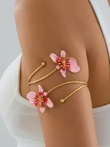 1pc Iron Alloy Double-Head Enamel Glazed Floral Open Bangle, Minimalist And Elegant Design, Suitable For Mother's Day Gift, Parties, Weddings, Daily Wear