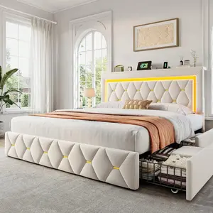 Beige Illuminated LED Bed Frame - Velvet Platform Bed with 4 Storage Drawers, Adjustable Storage Headboard, Charging Station, No Box Spring Needed, Illuminated Bed Frames
