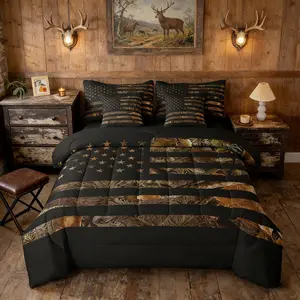 Feelyou 7-Piece Ultra-Soft Microfiber Boys Camo Bedding Set - Bed in A Bag, Rustic Theme Queen Comforter Set with American Flag Camouflage, Multi-Size Hunting Bedding for Teen Men (Farmhouse Cabin Style)