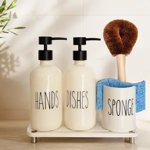 Cream Kitchen Soap Dispenser Set, 16.9 fl oz Hand and Dish Soap Dispensers with Tray, Soap Dispenser Set with Ceramic Sponge Holder, Instant Dry Tray, Countertop Sink Organizer Accessories bathroom  accessories