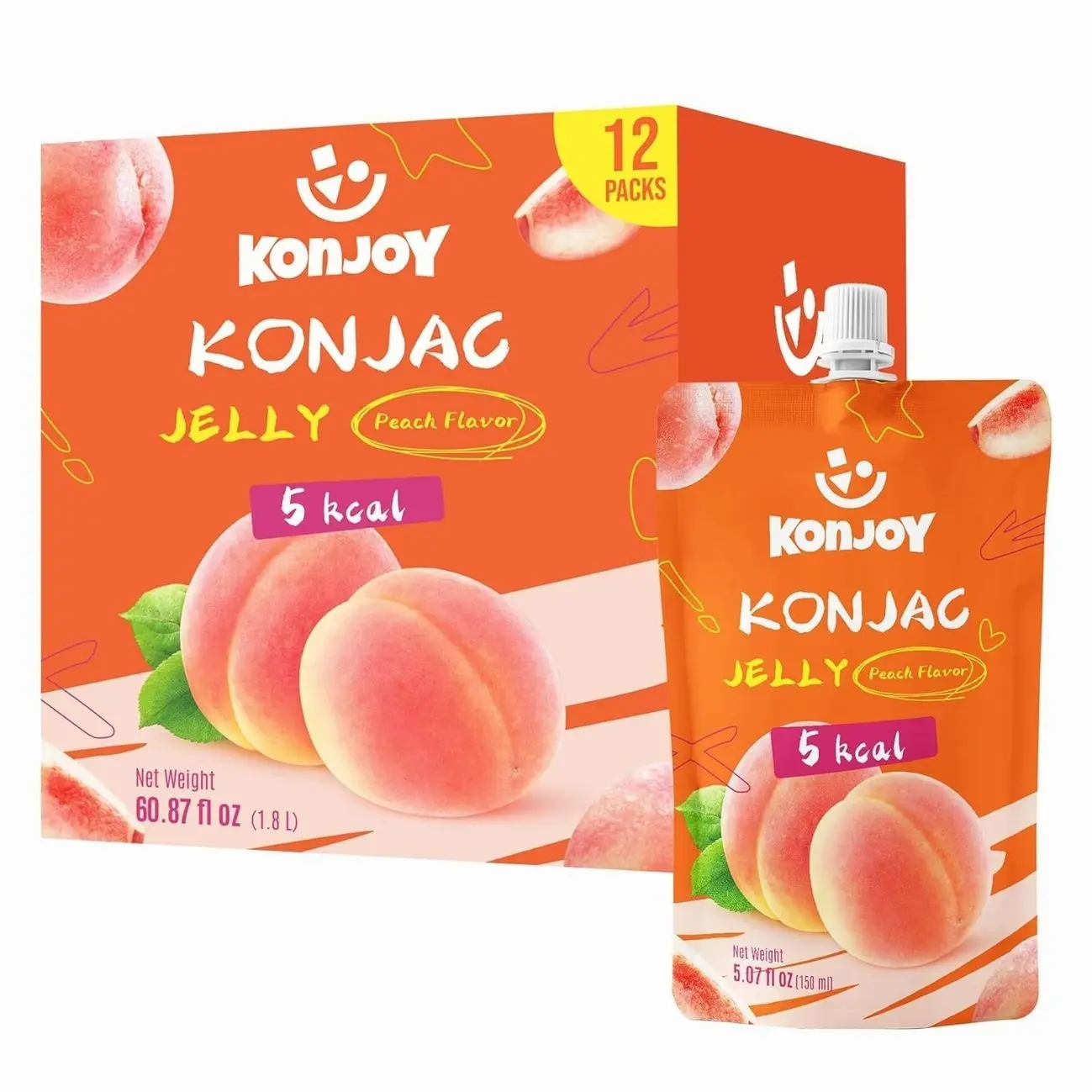 KONJOY Konjac Jelly Mango Flavor, 12 Squeeze Pouches Drinkable Jelly Snack – Low Calorie (5 kcal), Vegan, Gluten-Free, Fat-Free, Keto, Portable On-the-Go Treat, Refreshing Mango Drinkable Jello