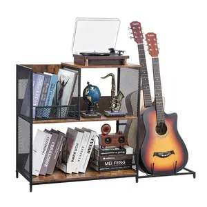 fathersdaygift VEVOR 3-Tier Record Player Stand with Guitar Holder, Turntable Stand with Storage Holds Up to 300 Albums, Vinyl Record Cabinet with Metal Mesh Frame for Living Room, Bedroom, Black