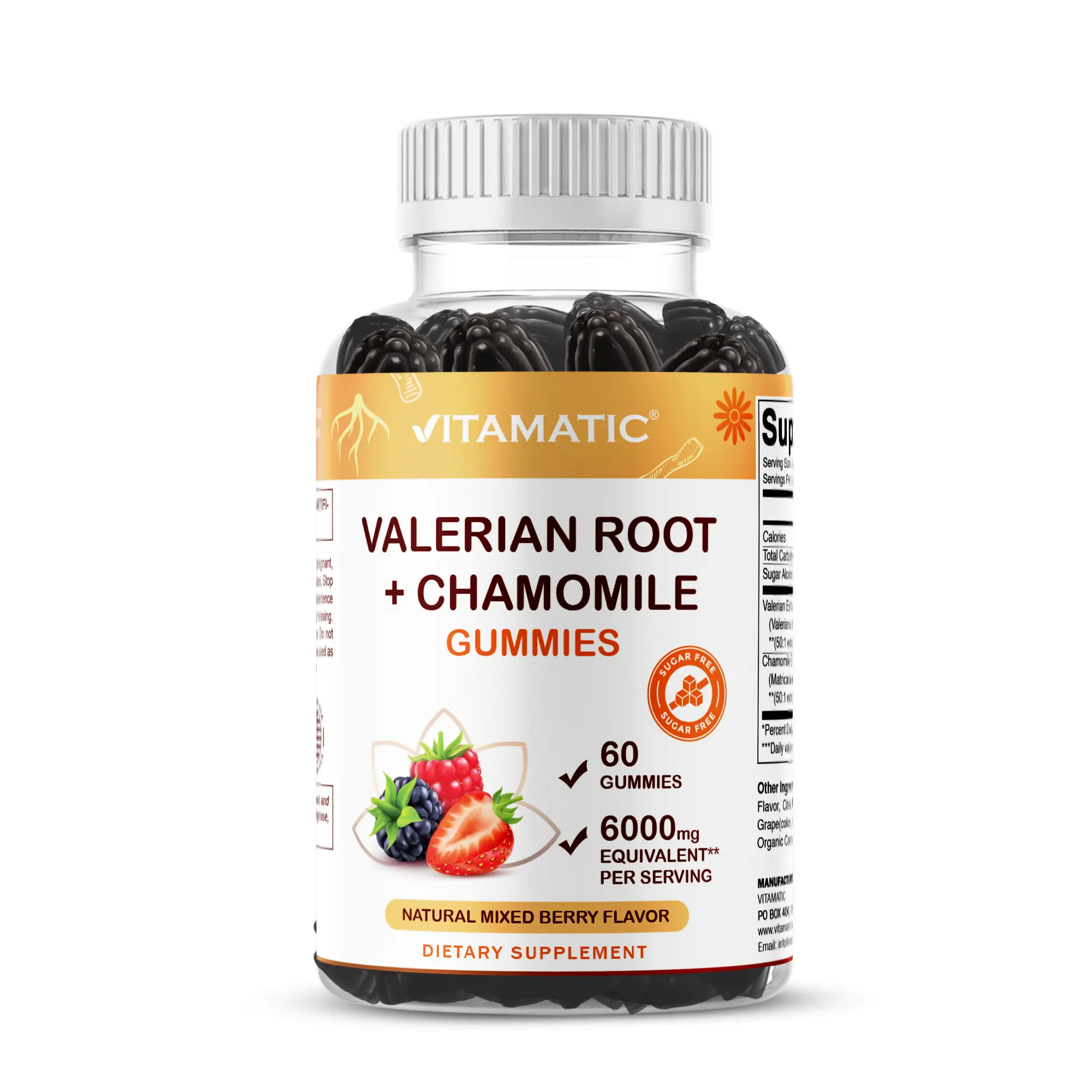 Vitamatic Valerian Root & Chamomile Natural Gummy Herbs Supplement - 6000mg Per Serving, Mixed Berry, 60 Sugar-Free, Non-GMO, Gluten-Free, 30 Servings, Daily Nourishing Self Care Product for Better Sleep, Daily Nourishing Supplement