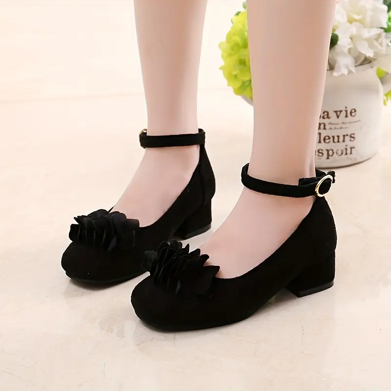 Girls' Synthetic Block Heel Princess Single Shoes with Magic Tape, Decorative Flowers & Tassel for Dance Parties & Exquisite Banquets, Dance Party, Pu Upper, Lightweight, Plain Toe