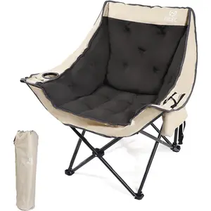 Camping Chair Oversized XL with Padded Black & Beige Interiors, Cooler Bag & Cup Holder, Thick Padded Design, 400Lbs Heavy Duty