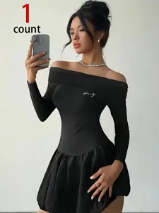 Y2K Campus Sweet Cool Girl Back-To-School Dress, One-Shoulder Handwriting Print, Slim-Fitting Waist Cinch, Spring & Fall Fashion