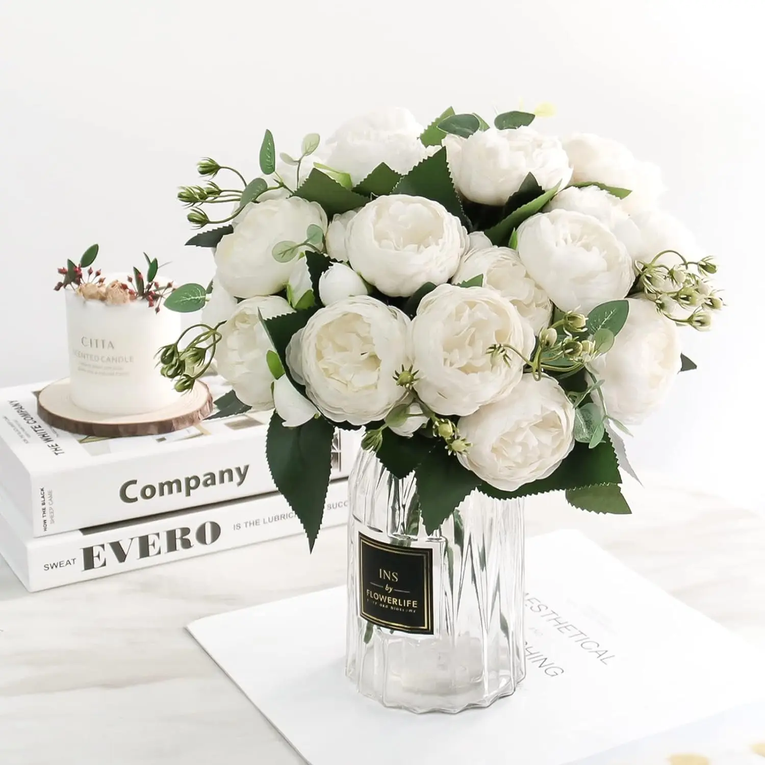 4-Pack European Lifelike White Silk Peony Fake Flower Bouquets with Eucalyptus, 12.5in Decorative Farmhouse Artificial Ornaments for Wedding Centerpieces, Valentine's Day Home Supplies