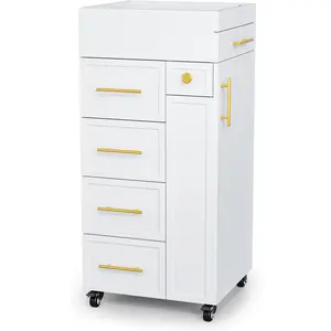 OmySalon Salon Trolley Cart, Hair Styling Station with 5 Drawers, 3 Tool Holders & Adjustable Shelf, Mobile Storage Cabinet Utility Trolley for Barber, Beauty Spa, Home