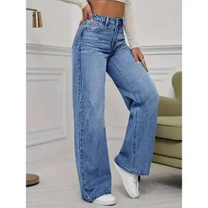 Women's-Rise Stretch Jeans - Straight Leg Relaxed Fit with Slant Pockets, Mid-Rise Comfort & Machine Washable Washed Blue Jeans All-Season Casual Wear, Versatile Bottoms, Classic Style, Soft Material, Stylish Bottoms, Everyday Style W Soli