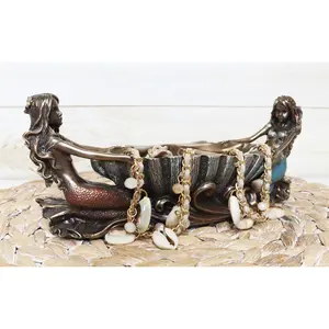 Ebros Coastal Decor Two Mermaids Soap Dish Figurine 9.75"Long Twin Mermaids With Oyster Shell Jewelry Dish