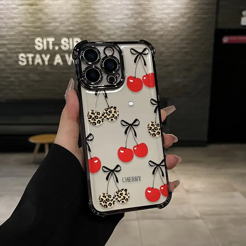 Cherries Pattern Four-corner drop-proof TPU phone case for iPhone 16 15 14 Pro Max 13 12 11 XR XS Plus shockproof full camera protection durable slim