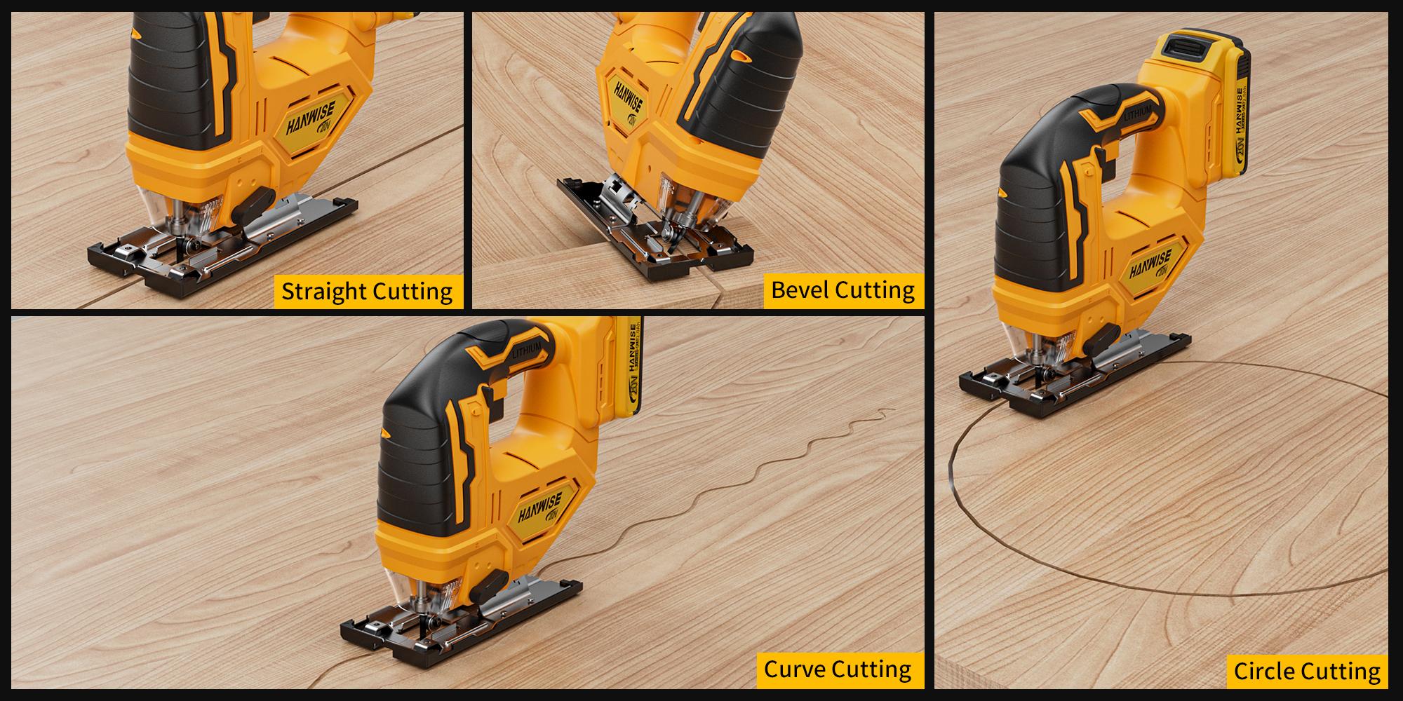 HANWISE wireless hinge saw, 3-speed track, 45 ° oblique cut, LED work light and safety button, tool free blade replacement, suitable for wood metal cutting for curved/straight/oblique/circular cutting, ergonomically designed