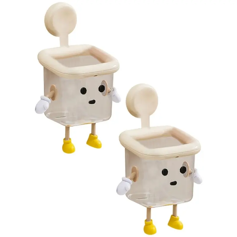 Cute Robot Suction Cup Organizer, Cartoon Design Bathroom Organizer with Bottom Water Outlet, Wall Mounted Minimalist Bathroom Toothbrush Holder for Storage of Sundries and Waste Paper (White-2pcs)