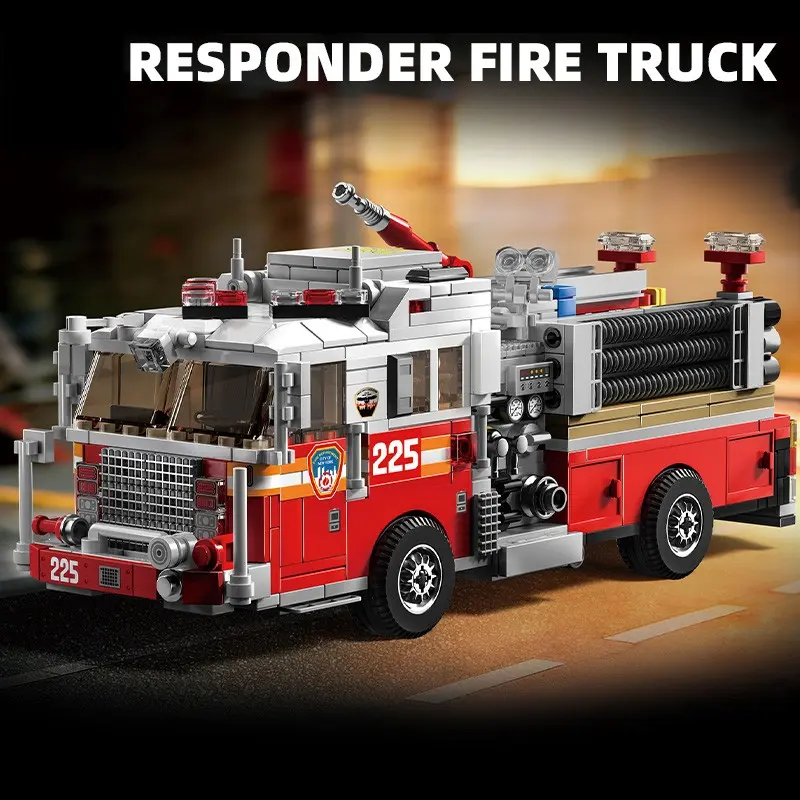 American Fire Truck Building Blocks Set, Rescue Car Assembly Model, Moving Function, Rotating Water Gun, Durable and Stable Design, Creative Decoration, Ideal Birthday Gift for Kids