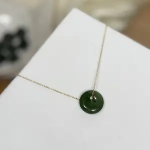 Natural Hetian Jade Necklace, Dark Green Donut Nephrite Pendant with Dainty Gold Filled Chain