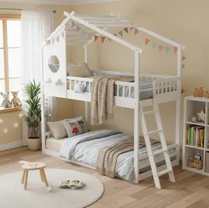 Wood Twin Over Twin House Bunk Bed, Loft Bed with Ladder, Safety Guardrail, Wooden Slats & Window, Kids Twin Bed Frame for Teens Juniors, Freely Decorative House Roof