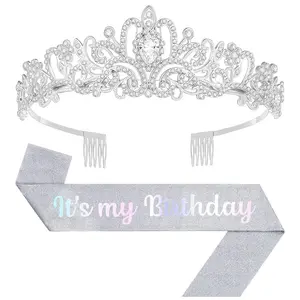 Birthday Tiara and Crown with Sash, Birthday Tiara for Women Party (Silver)