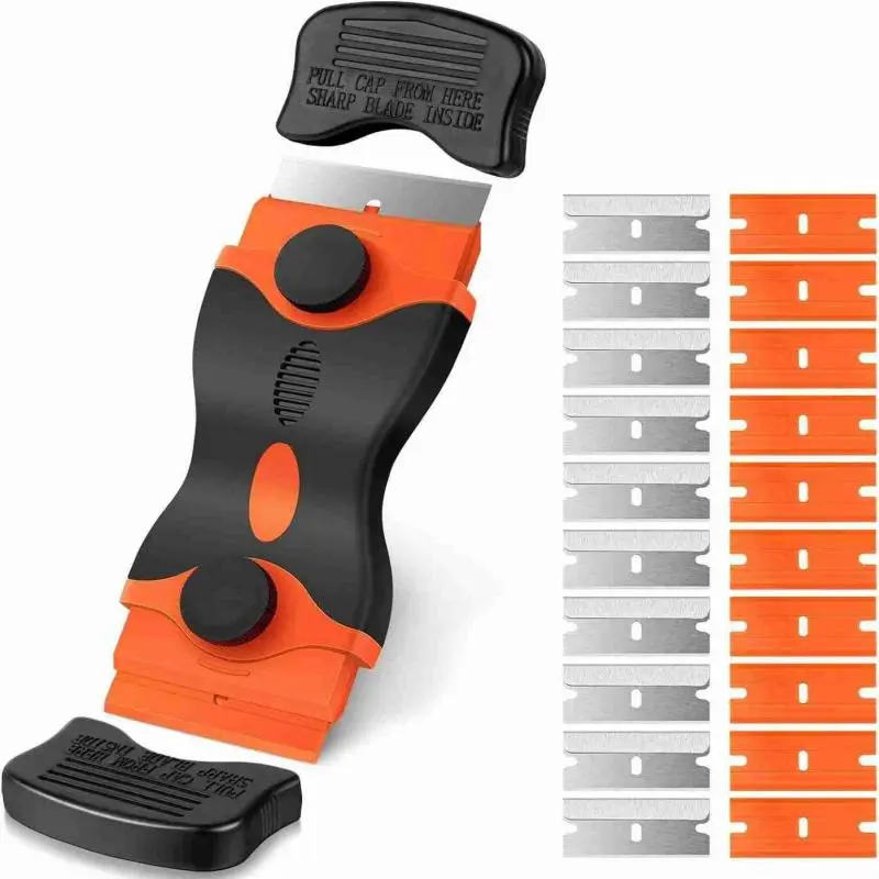 2-in-1 Ergo Handle Portable Scraper - Home Improvement Paint Remover Tool with 10 Plastic & 10 Metal Blades, Dual Ends, Blade Replacement, Protective Covers, Pocket-Ready Size for RV, Boat Use