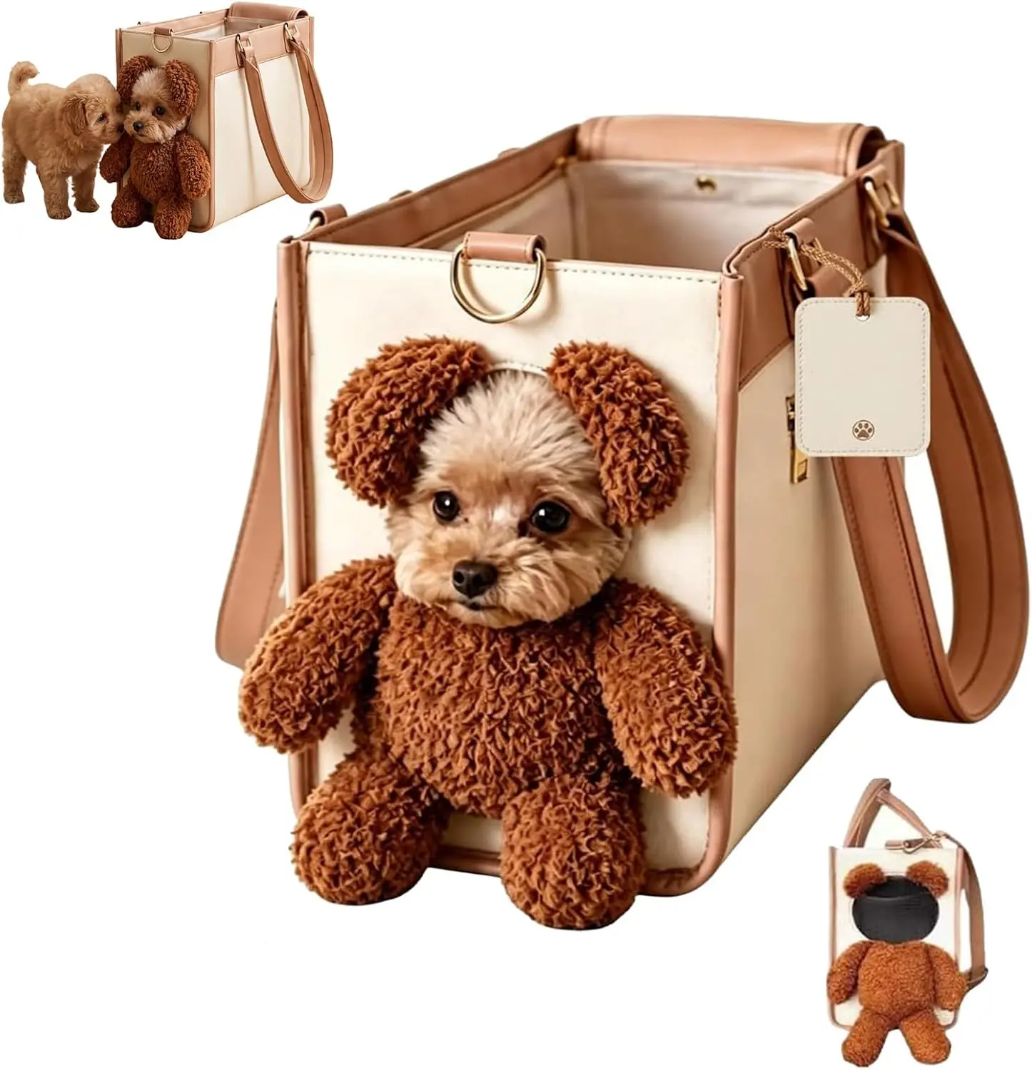 Teddy Carrier Bag for Dogs and Cats, Teddy Bear Dog Carrier Bag, Portable PU Leather Shoulder Tote，2 in 1 Multifunctional Pet Handbag with Plush Ears, Portable Convenient
