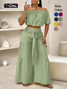 Summer Beach Vacation Bow Shoulderless Round Neck Shirt Wide Leg Pants Set, Casual Basic Plain Design, Casual Matching Set, All Seasons Wear, Women's Fashion, Womenswear, Outfit, Clothes