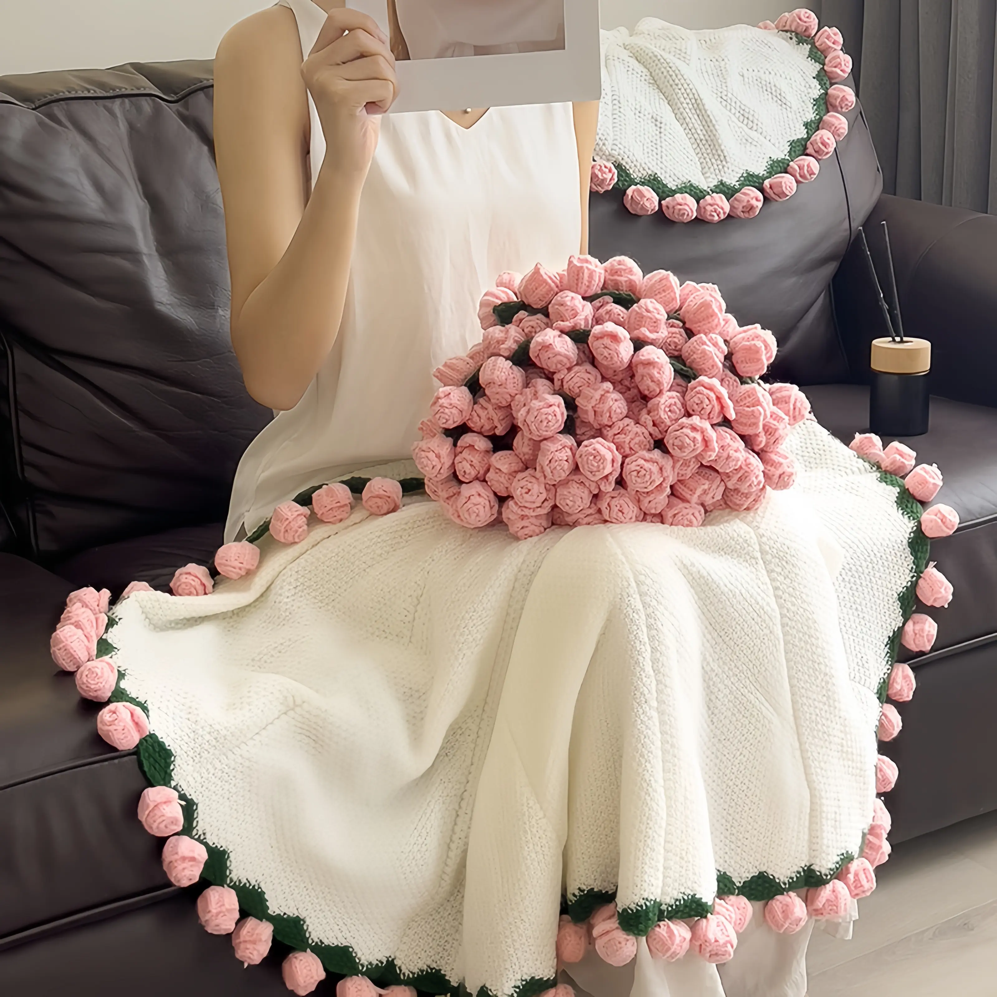 【Graduation Gift】Finished Flower Bouquet Blanket,Handmade Crochet Flower Blanket,Soft Knitted Throw Rose Blanket, Romantic Gift for Birthday Wedding Valentine’s Day Mother's Day Christmas for Mom Girls and Sisters