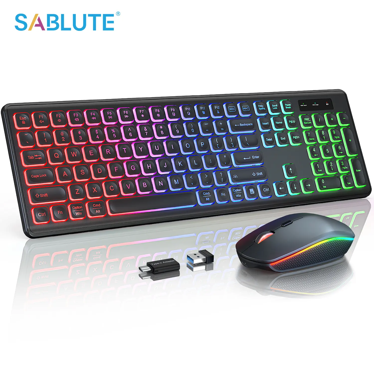 SABLUTE KM42PRO Wireless Keyboard and Mouse Combo, Rechargeable Backlight Keyboard Set with Rainbow RGB, 2.4GHz Full-Size Design, 3 DPI Levels, Sleep Mode (Non-Bluetooth), Keyboard Mouse Combo