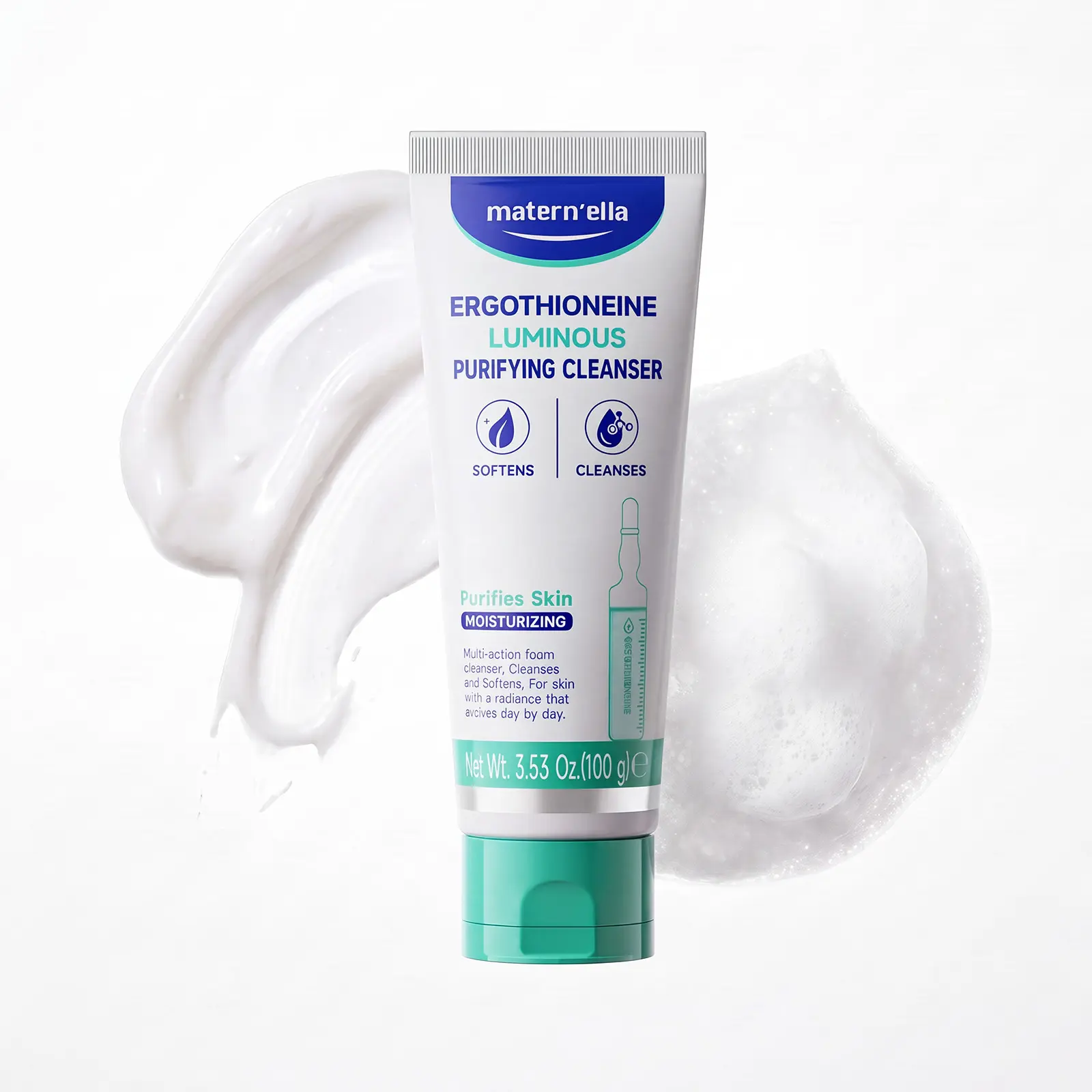 Maternella Ergothioneine Luminous Purifying Cleanser - Moisturizing Multi-Action Foam for Softening and Cleansing Skin 3.53 Oz Facial