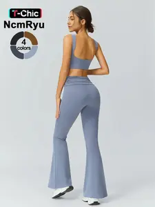 Women's Patchwork High Elastic Soft Naked Sense Square Hollow-out Back Bra Stacked Waist Trousers Yoga Clothes suit Outdoor Running Cycling Bra Flared Pants Gym sports training Ruched Sports Flare, Yoga Outfit Set